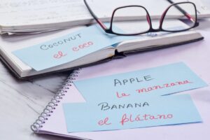 Apprendre une nouvelle langue avec un nom de fruits sur des cartes flash